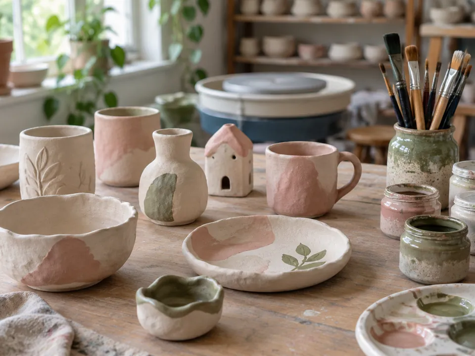 A pottery studio table in West Bay with hand-built pieces ready to paint, brushes in a jar, glaze pots and a potter’s wheel behind.