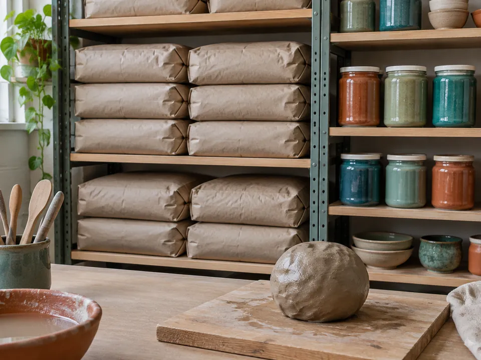 Stacked bags of clay and glaze jars on shelves in a clean storeroom, with a ball of wet clay on a wooden board.