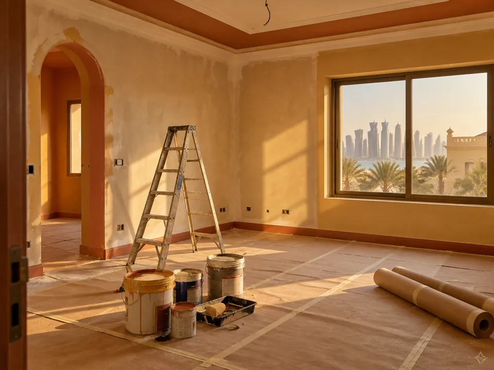 A villa room in Doha halfway through refurbishment: fresh plaster walls, a ladder and paint tins in warm afternoon light.