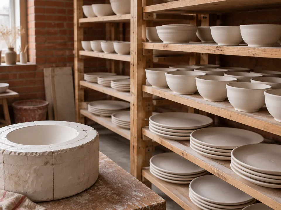 Rows of unglazed ready-to-paint bowls and plates on racks in a production studio, with a plaster mould in the foreground.