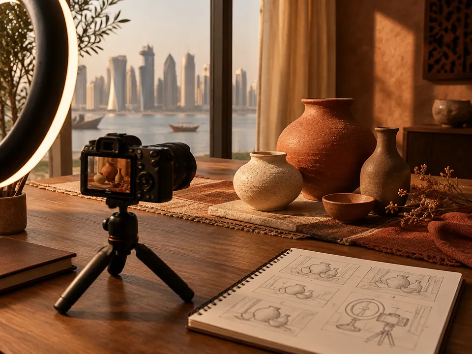 A content shoot set-up on a studio table: a camera on a small tripod, a notebook of storyboard sketches and a few clay pots as props.