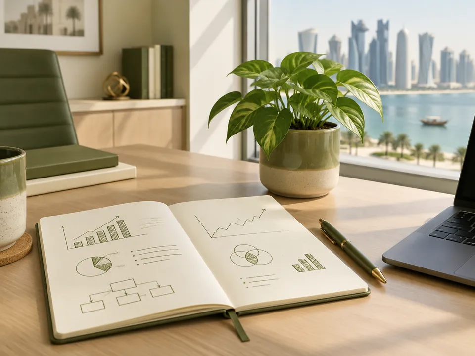 A consultant’s desk in a Doha office with a notebook of hand-drawn charts, a pen and a small green plant.