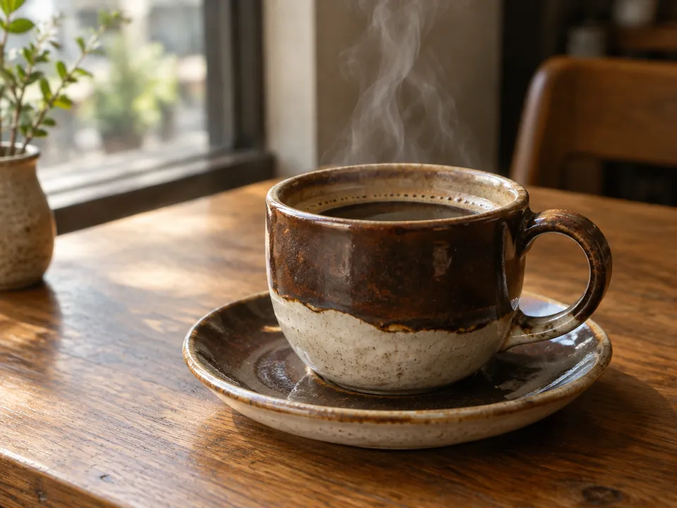 A handmade ceramic coffee cup on its saucer on a wooden cafe table, with steam rising.