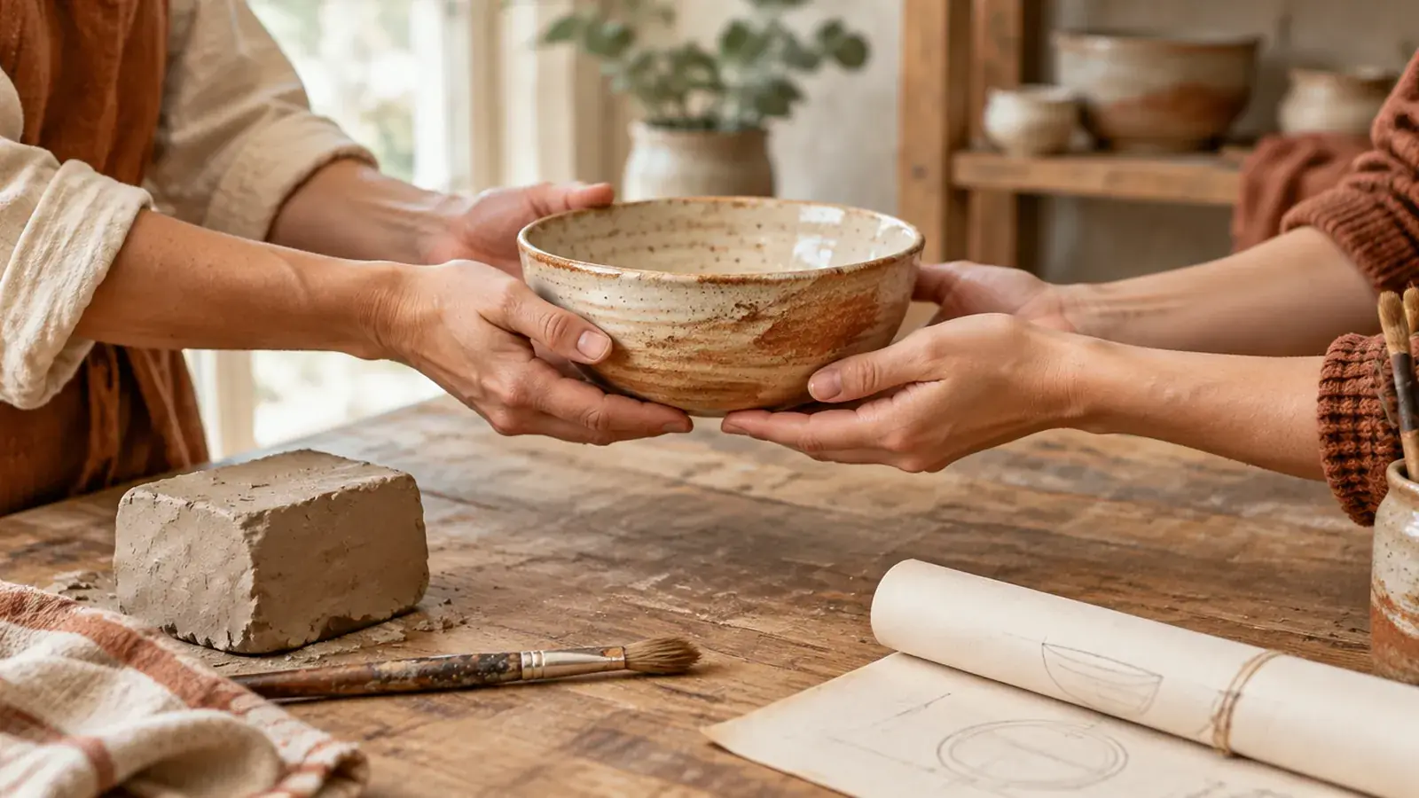 Two pairs of hands passing a finished handmade ceramic bowl across a worktable, with a block of clay, a paintbrush and a rolled plan.
